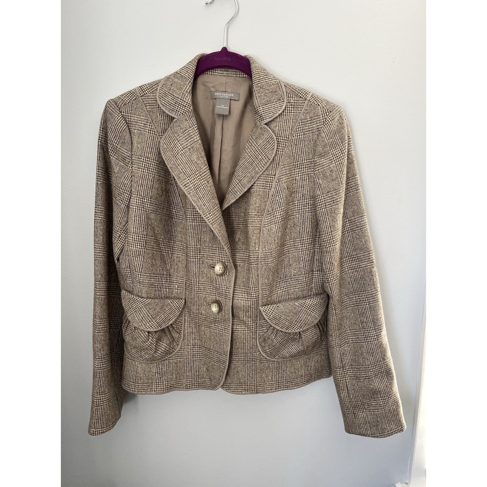 Ann Taylor Women's Size4P Brown Houndstooth Blazer Jacket‎ Virgin Wool 2 Button